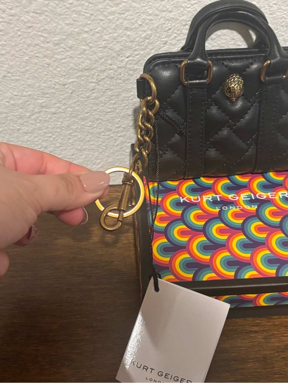 Kurt Geiger Black Quilted Card Holder/Bag Charm with Gold Chain Detail - Picture 4 of 8